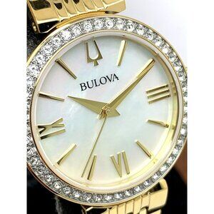 Bulova Women's Watch 98X122 Quartz White Mother of Pearl Dial Gemmed Gol…